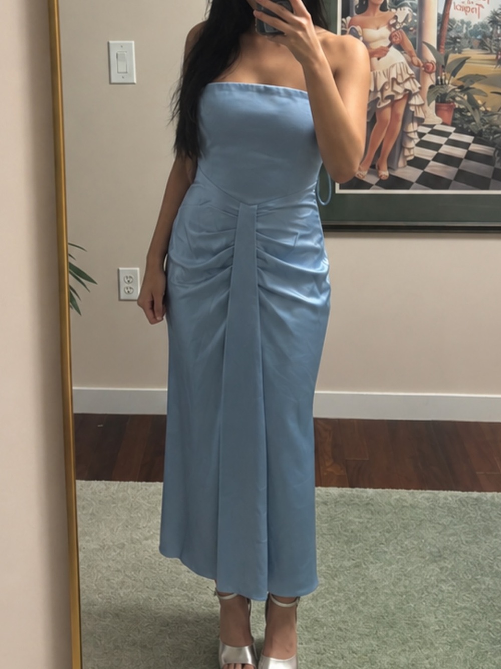 STAUD Strapless Satin Midi Dress in Light Blue